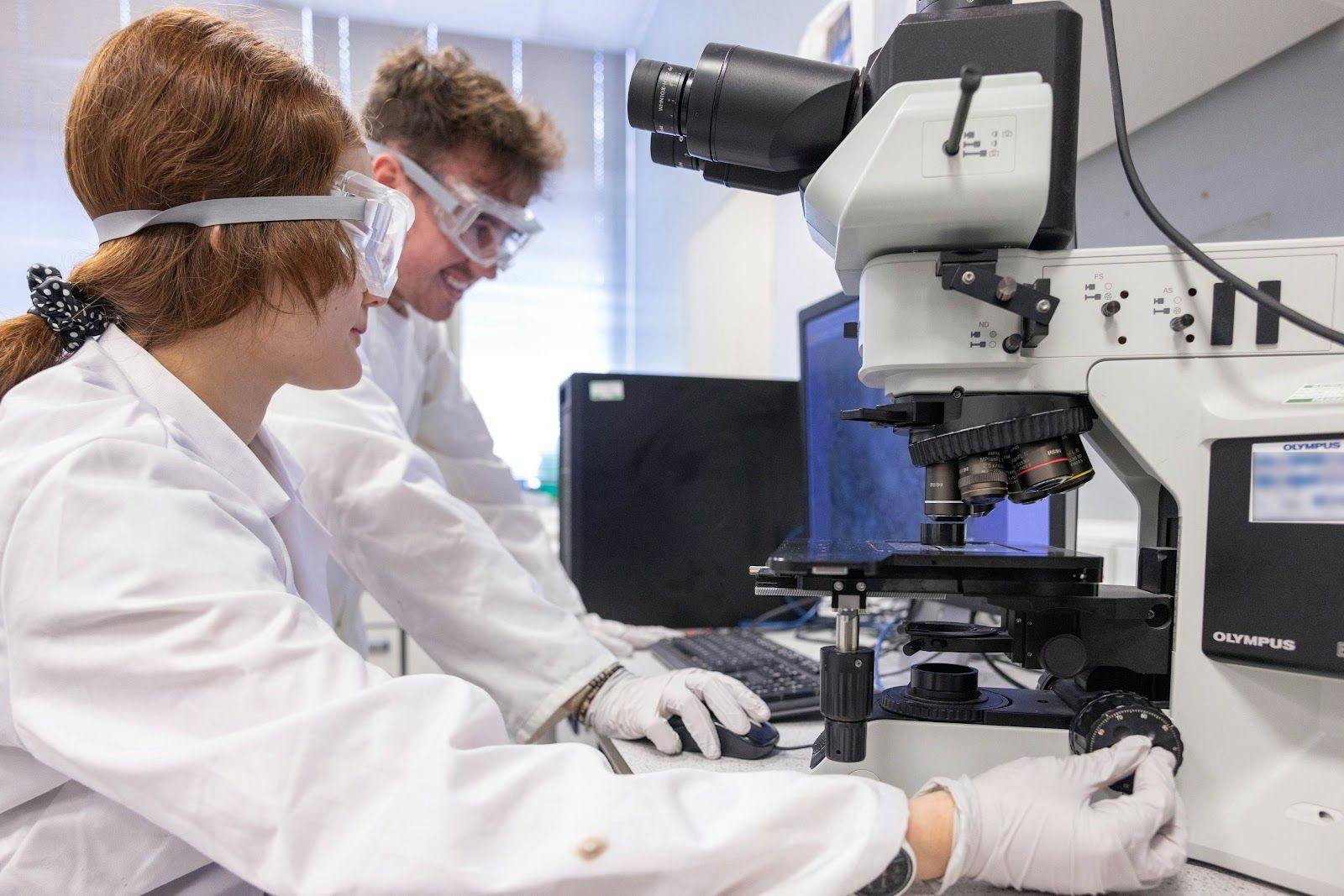 Materials Science undergraduates performing microstructure analysis in Imperial College laboratory